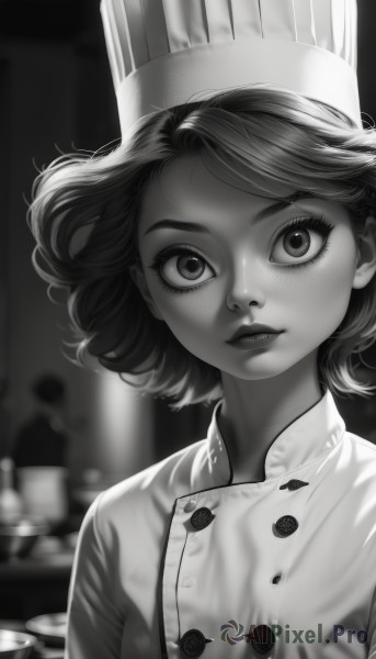 1girl,solo,looking at viewer,short hair,hat,closed mouth,monochrome,upper body,greyscale,parted lips,indoors,blurry,lips,eyelashes,buttons,blurry background,wide-eyed,realistic,nose,chef hat,chef,bangs,teeth,depth of field,freckles,double-breasted