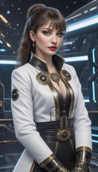 1girl,solo,long hair,breasts,looking at viewer,bangs,brown hair,gloves,long sleeves,cleavage,brown eyes,jewelry,medium breasts,standing,jacket,ponytail,earrings,open clothes,black gloves,belt,necklace,lips,coat,makeup,white jacket,own hands together,high ponytail,lipstick,science fiction,realistic,nose,labcoat,white coat,red lips,parted lips