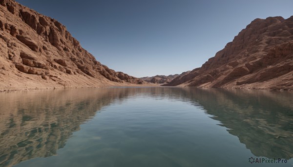 outdoors,sky,day,water,blue sky,no humans,nature,scenery,reflection,mountain,river,landscape,lake,reflective water,rock,sand,shore,desert