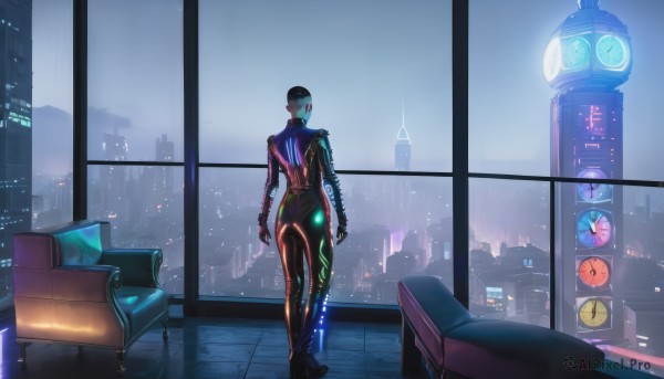 1girl,solo,looking at viewer,short hair,black hair,1boy,standing,ass,male focus,looking back,indoors,from behind,window,bodysuit,night,glowing,chair,table,building,couch,skin tight,science fiction,city,black bodysuit,clock,cityscape,cyborg,skyscraper,cyberpunk,high heels,scenery,rain,wide shot,city lights,analog clock,wall clock