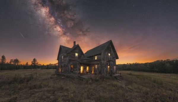 outdoors,sky,cloud,tree,no humans,window,night,grass,building,star (sky),nature,night sky,scenery,forest,starry sky,sunset,door,house,twilight,evening,gradient sky,shooting star,path,chimney