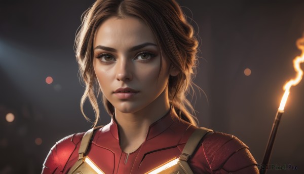 1girl,solo,long hair,looking at viewer,brown hair,brown eyes,closed mouth,upper body,medium hair,armor,blurry,lips,bodysuit,blurry background,fire,portrait,freckles,realistic,animification,staff,close-up,forehead,science fiction,light