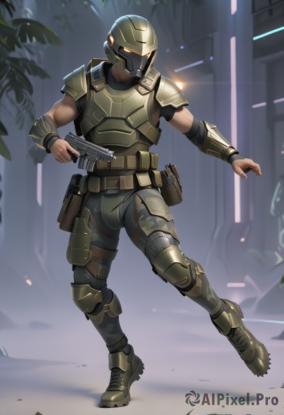 solo,1boy,holding,full body,weapon,male focus,boots,holding weapon,armor,gun,military,muscular,helmet,shoulder armor,holding gun,handgun,science fiction,pauldrons,pouch,knee pads,camouflage,elbow pads,soldier,bullpup,outdoors,belt,pants,tree,night,running,realistic,trigger discipline,shoulder pads,bulletproof vest