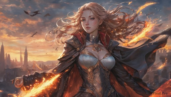 1girl,solo,long hair,breasts,looking at viewer,blue eyes,blonde hair,large breasts,long sleeves,cleavage,jewelry,medium breasts,closed mouth,upper body,outdoors,parted lips,sky,cloud,cape,armor,lips,clothing cutout,floating hair,bird,cleavage cutout,cloudy sky,fire,wind,building,sunset,city,black cape,castle,flame,dress,weapon,fantasy