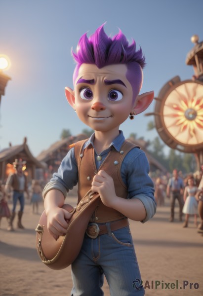 solo,looking at viewer,smile,short hair,shirt,1boy,holding,jewelry,purple eyes,purple hair,male focus,earrings,outdoors,solo focus,day,pointy ears,belt,pants,artist name,blurry,vest,blurry background,blue shirt,denim,instrument,child,sleeves rolled up,jeans,biting,male child,playing instrument,crowd,mohawk,people,lalafell,brown eyes,sky,teeth,collared shirt,necklace,blue sky,colored skin,buckle,brown belt