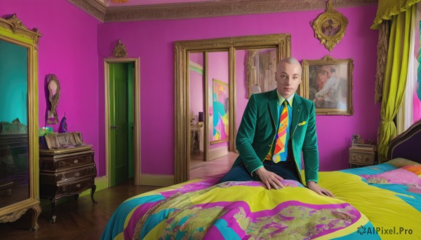 solo,looking at viewer,shirt,long sleeves,1boy,sitting,jacket,male focus,necktie,collared shirt,pants,indoors,bed,on bed,formal,bottle,suit,curtains,mirror,green jacket,bald,bedroom,old,yellow necktie,old man,picture frame,colorful,painting (object),rug,chest of drawers,pillow,portrait (object)