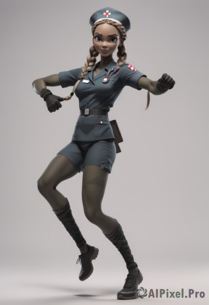 1girl,solo,long hair,breasts,looking at viewer,smile,blue eyes,blonde hair,simple background,brown hair,gloves,hat,standing,full body,braid,short sleeves,pantyhose,small breasts,boots,shoes,shorts,black gloves,belt,dark skin,grey background,black footwear,uniform,twin braids,dark-skinned female,lips,military,military uniform,shadow,standing on one leg,hair over shoulder,clenched hands,pouch,nurse cap,shirt,white background,twintails,medium breasts,black shorts,thick eyebrows,bike shorts,black belt