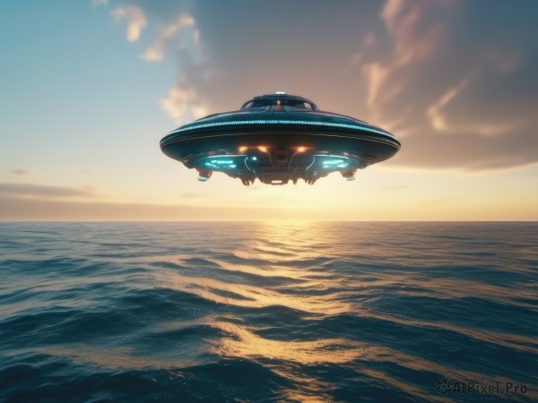 A spacecraft in a tranquil sunset day