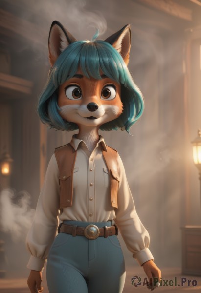 1girl,solo,looking at viewer,smile,short hair,bangs,shirt,long sleeves,animal ears,brown eyes,closed mouth,blue hair,standing,white shirt,ahoge,cowboy shot,open clothes,shiny,collared shirt,belt,pants,artist name,indoors,signature,blurry,vest,flat chest,fox ears,aqua hair,:3,buttons,blurry background,happy,thick eyebrows,denim,fox girl,furry,smoke,pocket,jeans,furry female,arms at sides,blue pants,shirt tucked in,brown belt,lamp,body fur,straight-on,animal nose,open vest,brown vest,snout,brown fur,blush,jacket,green hair,dog ears,buckle,belt buckle,breast pocket,raccoon ears,raccoon girl