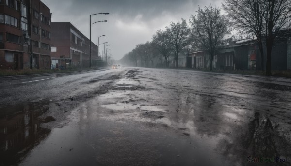 outdoors,sky,cloud,tree,no humans,window,cloudy sky,ground vehicle,building,scenery,motor vehicle,snow,reflection,rain,sign,car,road,house,lamppost,bare tree,street,road sign,puddle,fog,grey sky,crosswalk,overcast,day,bench,winter,pavement,sidewalk