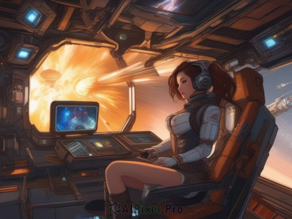 1girl,solo,long hair,breasts,brown hair,gloves,brown eyes,medium breasts,sitting,ponytail,boots,shorts,indoors,lips,window,headphones,chair,star (sky),headset,science fiction,aircraft,controller,space,computer,explosion,monitor,planet,spacecraft,spacesuit,cockpit,screen,holographic interface,pilot,hologram,joystick,from side,pilot suit,jumpsuit,jetpack