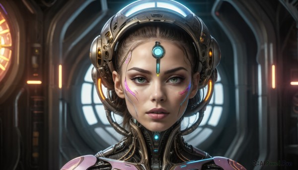 HQ,1girl,solo,looking at viewer,short hair,brown hair,black hair,green eyes,parted lips,indoors,lips,bodysuit,makeup,headgear,facial mark,portrait,freckles,science fiction,realistic,nose,cable,cyborg,cyberpunk,closed mouth,eyelashes,expressionless,lipstick,forehead,eyeshadow,backlighting,pink lips,android,eyeliner,mascara,dirty face