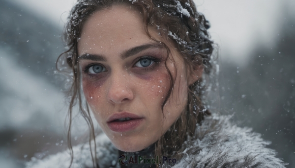 1girl,solo,long hair,looking at viewer,blue eyes,brown hair,braid,outdoors,parted lips,teeth,blurry,lips,grey eyes,fur trim,blurry background,portrait,snow,freckles,snowing,realistic,nose,winter,blush,black hair,eyelashes,depth of field,thick eyebrows,close-up,forehead,fur collar