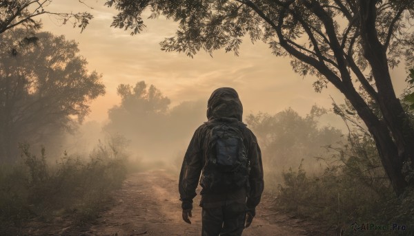 solo,gloves,long sleeves,1boy,standing,jacket,male focus,outdoors,sky,black gloves,pants,cloud,fingerless gloves,bag,from behind,tree,black jacket,gun,black pants,backpack,helmet,cloudy sky,nature,scenery,1other,forest,walking,ambiguous gender,military