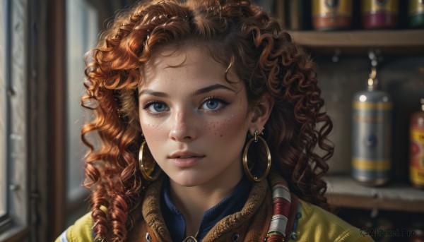 1girl,solo,long hair,looking at viewer,blue eyes,brown hair,jewelry,earrings,parted lips,indoors,necklace,mole,blurry,dark-skinned female,lips,eyelashes,mole under eye,depth of field,blurry background,messy hair,portrait,freckles,curly hair,hoop earrings,realistic,nose,signature,wavy hair,bottle