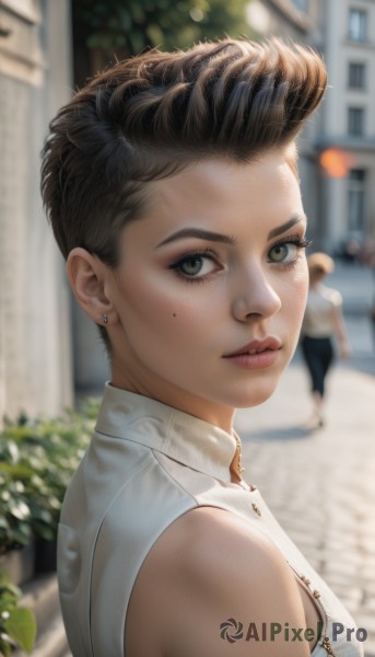 1girl,breasts,looking at viewer,short hair,multiple girls,brown hair,shirt,black hair,2girls,bare shoulders,jewelry,white shirt,upper body,earrings,outdoors,parted lips,sleeveless,solo focus,day,looking back,mole,blurry,black eyes,lips,grey eyes,eyelashes,mole under eye,sleeveless shirt,depth of field,blurry background,freckles,realistic,nose,stud earrings,very short hair,pompadour,mole on cheek,solo,brown eyes,medium breasts,artist name,from side,building,road