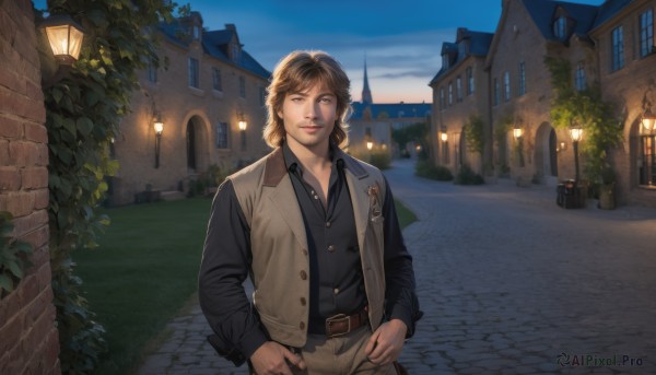 solo,looking at viewer,smile,brown hair,shirt,long sleeves,1boy,brown eyes,standing,jacket,male focus,cowboy shot,outdoors,parted lips,open clothes,sky,collared shirt,belt,pants,vest,tree,lips,black shirt,window,buttons,facial hair,plant,building,realistic,brown pants,house,brick wall,lamppost,brown vest,town,bangs,upper body,medium hair,blurry,open jacket,black jacket,night,night sky,beard,buckle,brown jacket,belt buckle,stubble,brown belt,road,bush,wall,street