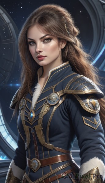 1girl,solo,long hair,looking at viewer,brown hair,hair ornament,gloves,long sleeves,brown eyes,jewelry,upper body,braid,earrings,belt,armor,lips,coat,fur trim,makeup,lipstick,shoulder armor,gem,star (sky),nose,clock,red lips,brown belt,roman numeral,jacket,artist name,realistic