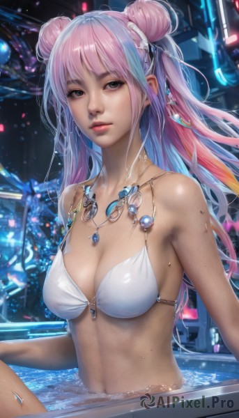 1girl,solo,long hair,breasts,looking at viewer,bangs,hair ornament,navel,cleavage,bare shoulders,brown eyes,jewelry,medium breasts,sitting,collarbone,swimsuit,pink hair,bikini,multicolored hair,parted lips,shiny,water,necklace,hair bun,black eyes,lips,wet,shiny skin,double bun,white bikini,bikini top only,pendant,partially submerged,realistic,nose,pool,blue hair,upper body,artist name,mole,grey eyes,freckles,science fiction,mole on breast