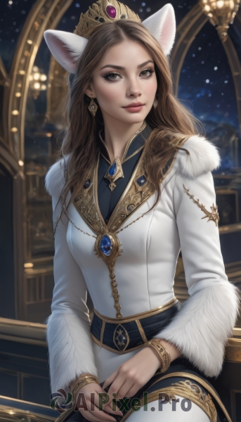 1girl,solo,long hair,breasts,looking at viewer,smile,brown hair,long sleeves,animal ears,brown eyes,jewelry,sitting,closed mouth,earrings,belt,pants,cat ears,necklace,blurry,bracelet,lips,coat,fur trim,tiara,crown,gem,white pants,white coat,red lips,thighhighs,dress,medium breasts,indoors,makeup,blurry background,forehead,realistic,nose,gold,red gemstone