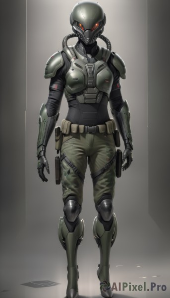 1girl,solo,looking at viewer,red eyes,standing,full body,weapon,boots,belt,pants,armor,gun,military,mask,glowing,helmet,knife,glowing eyes,handgun,science fiction,pouch,arms at sides,holster,knee pads,belt pouch,cyborg,holstered weapon,ammunition pouch,body armor,breasts,gloves,uniform,cable,camouflage,thigh holster,soldier