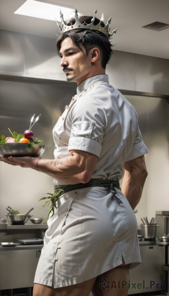 solo,short hair,open mouth,black hair,1boy,hat,holding,ass,short sleeves,male focus,food,indoors,black eyes,apron,muscular,fruit,facial hair,crown,muscular male,waist apron,tray,veins,bowl,realistic,kitchen,tomato,chef hat,chef,looking at viewer,shirt,standing,white shirt,thighs,alternate costume,pants,from behind,from side,feet out of frame,thick thighs,bara