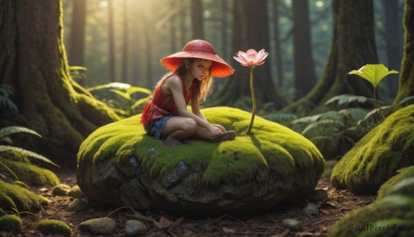 1girl,solo,long hair,smile,blonde hair,brown hair,shirt,hat,bare shoulders,brown eyes,sitting,closed mouth,flower,outdoors,shorts,barefoot,sleeveless,day,blurry,tree,depth of field,blurry background,sandals,sunlight,squatting,tank top,grass,plant,denim,red shirt,nature,scenery,forest,blue shorts,denim shorts,sun hat,realistic,straw hat,mushroom,lily pad,lotus,moss,shoes,from side,bare arms,bare legs,sleeveless shirt,leaf,looking away,backlighting,rock,nose,looking afar,wide shot