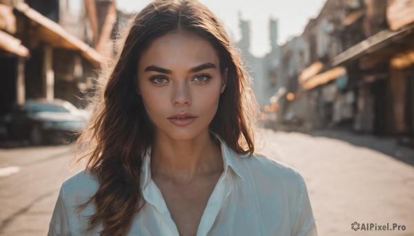 1girl,solo,long hair,looking at viewer,brown hair,shirt,black hair,brown eyes,collarbone,white shirt,upper body,outdoors,parted lips,day,collared shirt,dark skin,blurry,dark-skinned female,lips,eyelashes,depth of field,blurry background,thick eyebrows,ground vehicle,motor vehicle,forehead,realistic,nose,car,road,sunlight,blue shirt,portrait,backlighting,street,photo background