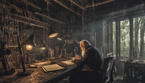 solo,shirt,long sleeves,1boy,holding,jewelry,sitting,weapon,grey hair,male focus,day,pants,indoors,from side,tree,cup,book,window,profile,facial hair,chair,table,sunlight,bottle,scenery,light particles,beard,desk,alcohol,drinking glass,rain,light rays,paper,light,lamp,coin,brown hair,jacket,glasses,signature,realistic,bald,old,old man,quill