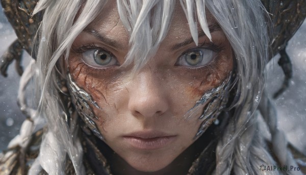 1girl,solo,long hair,looking at viewer,bangs,hair between eyes,closed mouth,green eyes,yellow eyes,braid,white hair,grey hair,horns,blurry,lips,wet,grey eyes,eyelashes,depth of field,blurry background,portrait,snow,close-up,dragon horns,dragon girl,snowing,realistic,scales,straight-on,au ra,eye focus,scar,freckles,nose