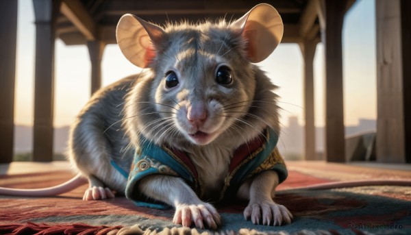 HQ,solo,looking at viewer,blue eyes,closed mouth,day,indoors,blurry,black eyes,no humans,depth of field,blurry background,animal,sunlight,cat,realistic,animal focus,mouse,pillar,whiskers,carpet,rug,full body