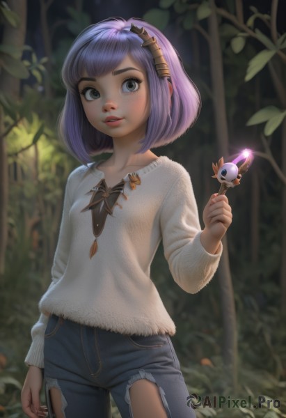 1girl,solo,breasts,looking at viewer,smile,short hair,bangs,shirt,hair ornament,long sleeves,holding,standing,collarbone,purple hair,cowboy shot,small breasts,outdoors,parted lips,teeth,pants,artist name,hand up,blurry,sweater,tree,lips,grey eyes,torn clothes,blurry background,denim,nature,forest,freckles,arm at side,jeans,wand,torn pants,torn jeans,hairband,nail polish,leaf,watermark,plant,web address,realistic,nose,blue pants