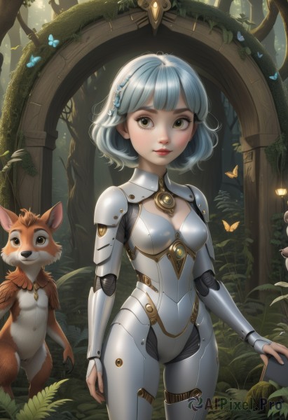 1girl,solo,breasts,looking at viewer,smile,short hair,bangs,hair ornament,brown eyes,jewelry,closed mouth,standing,yellow eyes,grey hair,cowboy shot,small breasts,outdoors,tree,lips,grey eyes,bodysuit,makeup,animal,bug,plant,butterfly,nature,forest,science fiction,nose,fantasy,arms at sides,red lips,joints,cyborg,robot joints,cleavage,medium breasts,blue hair,armor,android,doll joints,blue butterfly,deer