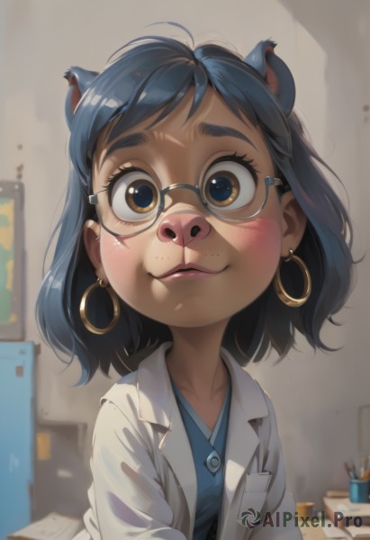 1girl,solo,looking at viewer,blush,smile,short hair,bangs,shirt,black hair,animal ears,brown eyes,jewelry,closed mouth,blue hair,upper body,earrings,glasses,indoors,medium hair,lips,blue shirt,furry,freckles,hoop earrings,paper,furry female,labcoat,pen,thick eyebrows,child,extra ears,female child