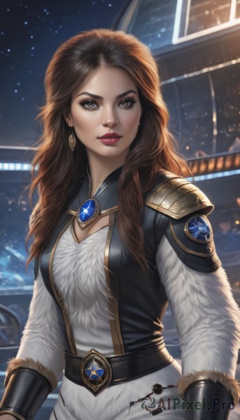 1girl,solo,long hair,breasts,looking at viewer,blue eyes,brown hair,long sleeves,dress,cleavage,brown eyes,jewelry,medium breasts,upper body,earrings,belt,armor,lips,coat,fur trim,makeup,night,lipstick,brooch,shoulder armor,gem,snow,eyeshadow,snowing,nose,red lips,outdoors,artist name,necklace,star (sky),forehead,backlighting,realistic,emblem