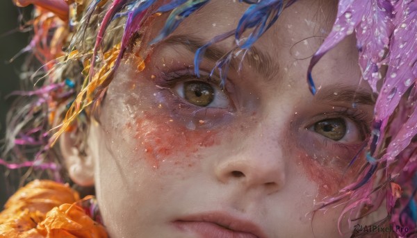 1girl,solo,looking at viewer,blush,short hair,brown hair,hair ornament,brown eyes,jewelry,closed mouth,flower,blurry,lips,eyelashes,depth of field,blurry background,portrait,close-up,freckles,realistic,nose,eye focus,bangs,blue hair,yellow eyes,dirty