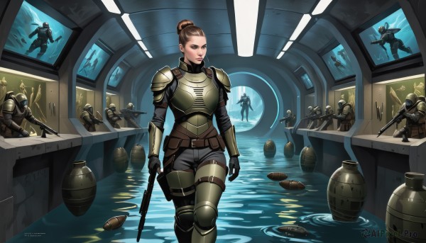 1girl,short hair,brown hair,gloves,holding,brown eyes,standing,weapon,earrings,boots,multiple boys,solo focus,black gloves,belt,pants,indoors,fingerless gloves,water,hair bun,holding weapon,armor,lips,gun,military,bodysuit,single hair bun,helmet,shoulder armor,holding gun,rifle,handgun,wading,walking,science fiction,6+boys,pauldrons,shield,pouch,breastplate,holster,shoulder pads,explosive,full armor,shotgun,grenade,soldier,looking at viewer,parted lips,sword,signature,thigh strap,sniper rifle