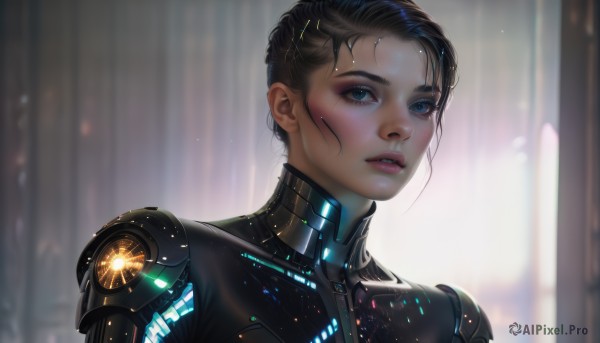 1girl,solo,looking at viewer,short hair,blue eyes,brown hair,black hair,upper body,parted lips,blurry,lips,eyelashes,bodysuit,makeup,blurry background,portrait,science fiction,realistic,nose,cyborg,cyberpunk,blush,teeth,eyeshadow,backlighting,freckles,android,eyeliner