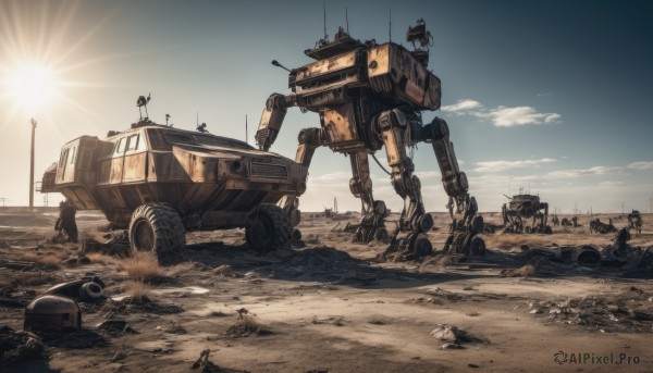 weapon,outdoors,sky,day,cloud,gun,military,no humans,robot,ground vehicle,mecha,motor vehicle,science fiction,realistic,sun,military vehicle,car,ruins,tank,desert,dust,non-humanoid robot,truck,multiple boys,blue sky,sunlight,scenery,sand,lamppost,damaged,soldier,tire