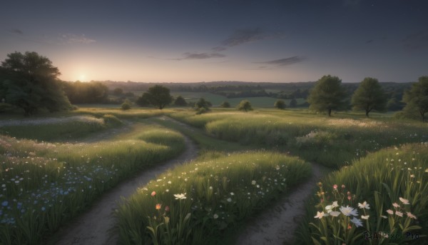 A landscape set against the backdrop of a captivating sunset outdoors