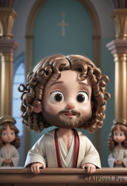 looking at viewer,smile,multiple girls,brown hair,long sleeves,1boy,hat,brown eyes,upper body,male focus,parted lips,indoors,3girls,medium hair,blurry,window,blurry background,facial hair,drill hair,cross,child,beard,curly hair,robe,mustache,church,open mouth,2girls,closed mouth,teeth,artist name,lips,depth of field,wavy hair,own hands together,wide-eyed,nose,female child,male child,pillar,statue