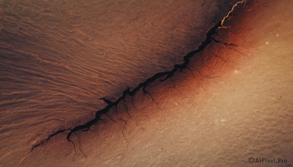 solo,monochrome,outdoors,sky,water,no humans,ocean,traditional media,scenery,sand,sepia,brown theme,from above,light particles,reflection,orange background,lightning,orange theme