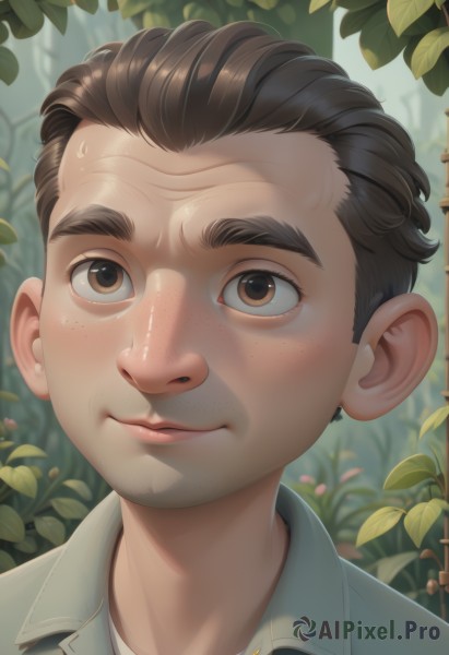 solo,looking at viewer,smile,short hair,brown hair,shirt,1boy,brown eyes,closed mouth,white shirt,male focus,sweat,outdoors,day,collared shirt,blurry,lips,blurry background,leaf,thick eyebrows,plant,portrait,nature,freckles,realistic,nose,male child,black hair,jacket,facial hair,close-up