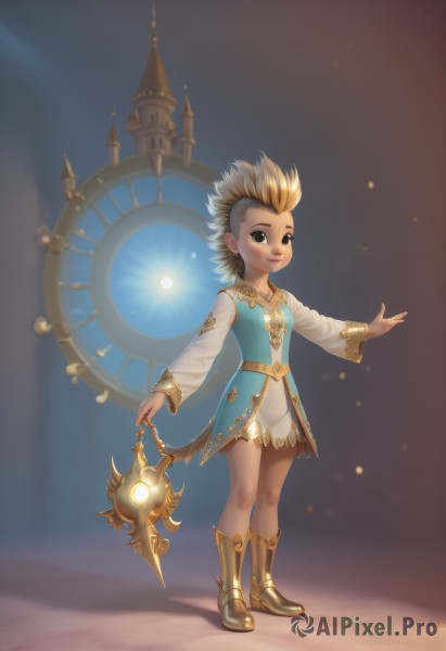 1girl,solo,looking at viewer,smile,short hair,blonde hair,long sleeves,dress,holding,brown eyes,jewelry,standing,full body,multicolored hair,earrings,boots,artist name,black eyes,two-tone hair,lips,blue dress,spiked hair,child,clock,weapon,necklace,staff,mohawk