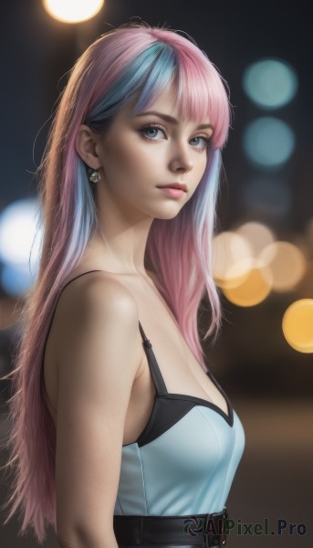 1girl,solo,long hair,breasts,looking at viewer,bangs,blue eyes,bare shoulders,jewelry,medium breasts,closed mouth,blue hair,upper body,pink hair,multicolored hair,earrings,small breasts,sleeveless,belt,artist name,blurry,from side,two-tone hair,lips,eyelashes,makeup,depth of field,blurry background,lipstick,realistic,nose,split-color hair,bokeh,dress,cleavage,sleeveless dress,camisole,freckles,spaghetti strap