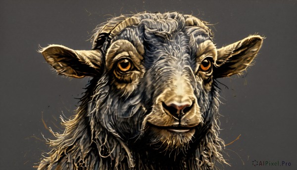 HQ,solo,looking at viewer,simple background,yellow eyes,horns,grey background,gradient,gradient background,no humans,animal,portrait,realistic,animal focus,whiskers,sheep,horizontal pupils,goat,smile,1boy,male focus,parted lips,teeth,black eyes,glowing,facial hair,beard,colored sclera,monkey