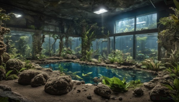 outdoors,day,indoors,water,tree,no humans,window,leaf,sunlight,plant,nature,scenery,fish,rock,ruins,moss,ceiling light,overgrown,bubble,light rays,underwater,air bubble,ceiling,turtle,caustics,coral,aquarium,seaweed