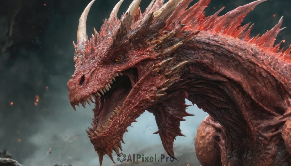 solo,open mouth,yellow eyes,outdoors,horns,sky,teeth,tongue,cloud,signature,orange eyes,no humans,fangs,fire,sharp teeth,spikes,smoke,monster,dragon,scales,red eyes,blurry,from side