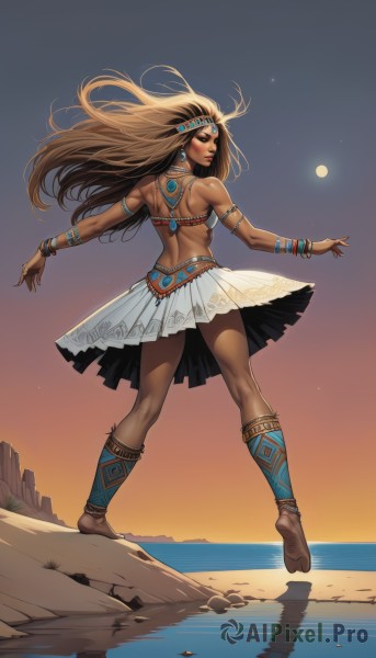 1girl,solo,long hair,smile,skirt,brown hair,bare shoulders,jewelry,full body,earrings,sky,barefoot,looking back,dark skin,water,necklace,from behind,bracelet,feet,dark-skinned female,lips,toes,headband,back,soles,moon,white skirt,wind,star (sky),armlet,starry sky,walking,sunset,rock,sand,anklet,sun,kneepits,dancing,tiptoes,dirty,plantar flexion,desert,cliff,tribal,dirty feet,breasts,blue eyes,medium breasts,standing,swimsuit,closed eyes,ass,bikini,pleated skirt,outdoors,sideboob,makeup,floating hair,ocean,beach,outstretched arms,armband,bikini top only,backlighting,circlet,realistic,nose,headdress,wind lift,bare back,forehead jewel,barefoot sandals