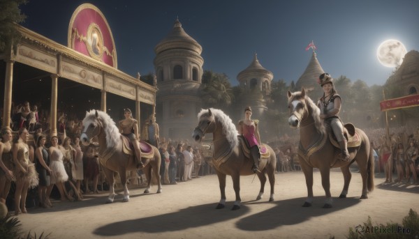 multiple girls,hat,outdoors,multiple boys,sky,tree,night,shadow,animal,moon,building,star (sky),night sky,full moon,6+boys,flag,riding,horse,castle,banner,horseback riding,crowd